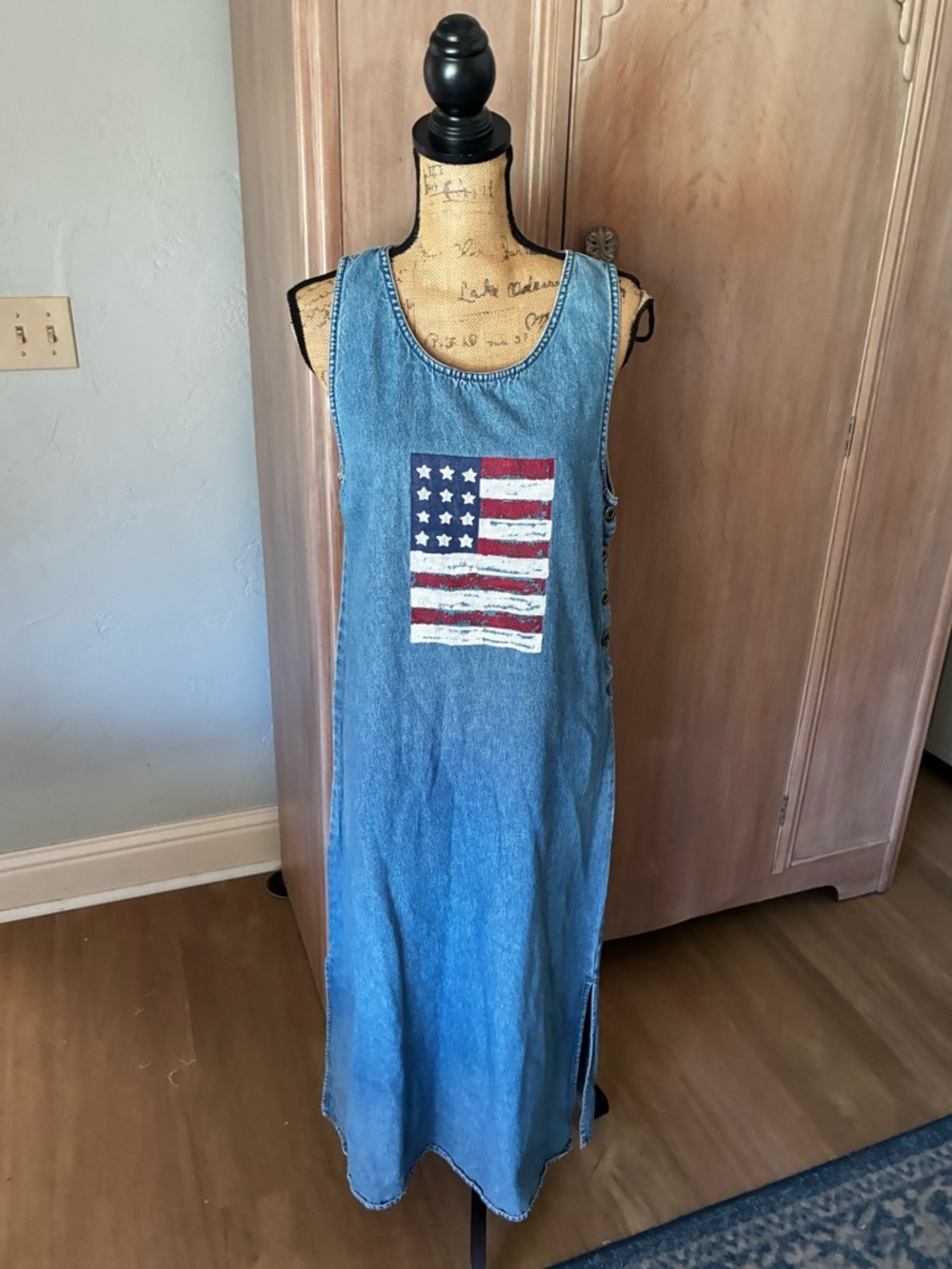Vintage blue denim American Flag Cotton dress Jumper Maxi Dress L